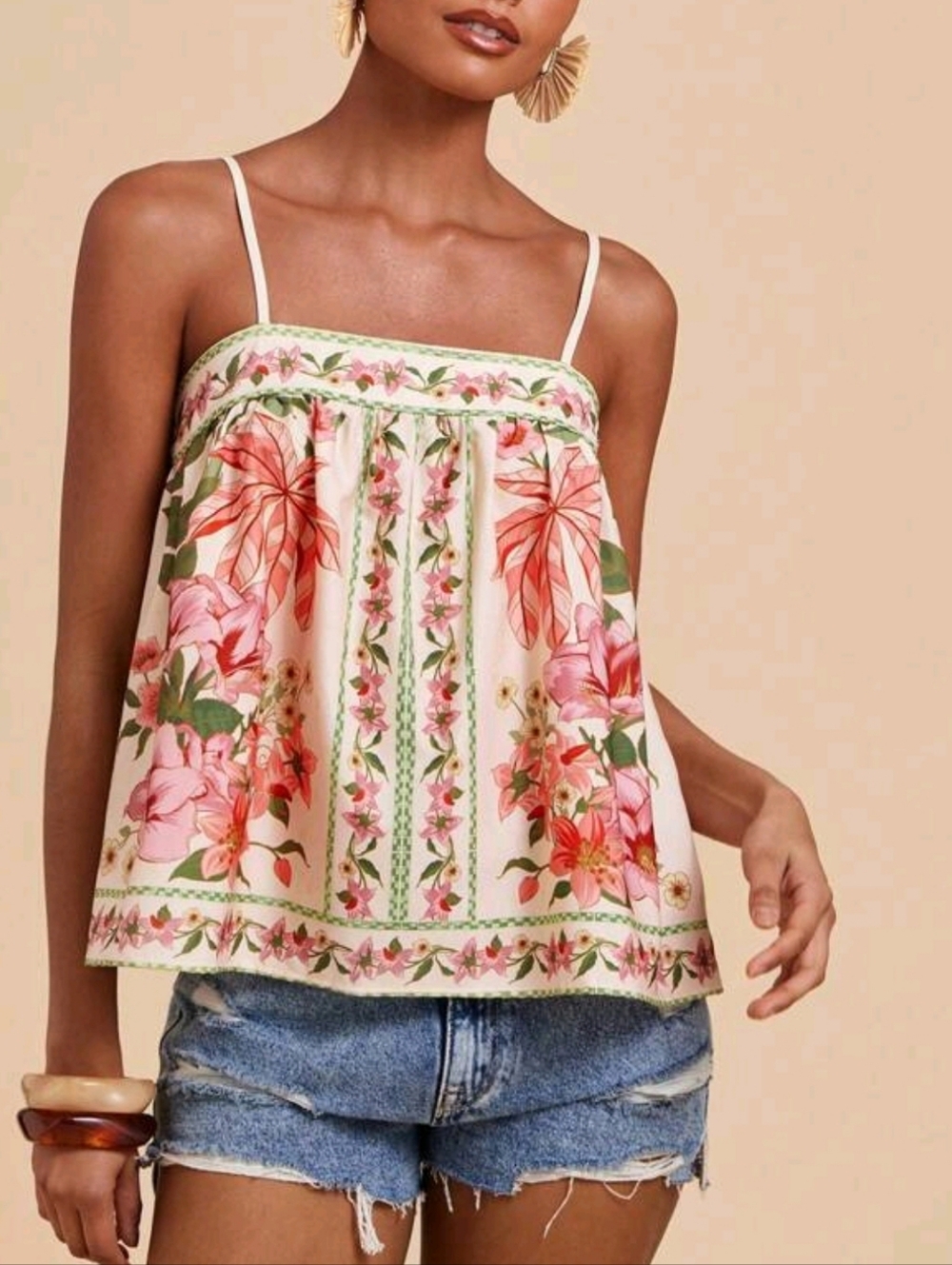 Cream Pink Tropical Floral Print Cami Top